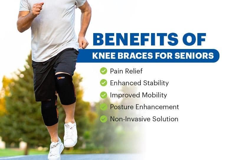 Senior man jogging with a knee brace in a park, with text highlighting benefits of knee braces for seniors like pain relief, improved mobility, and Medicare coverage.