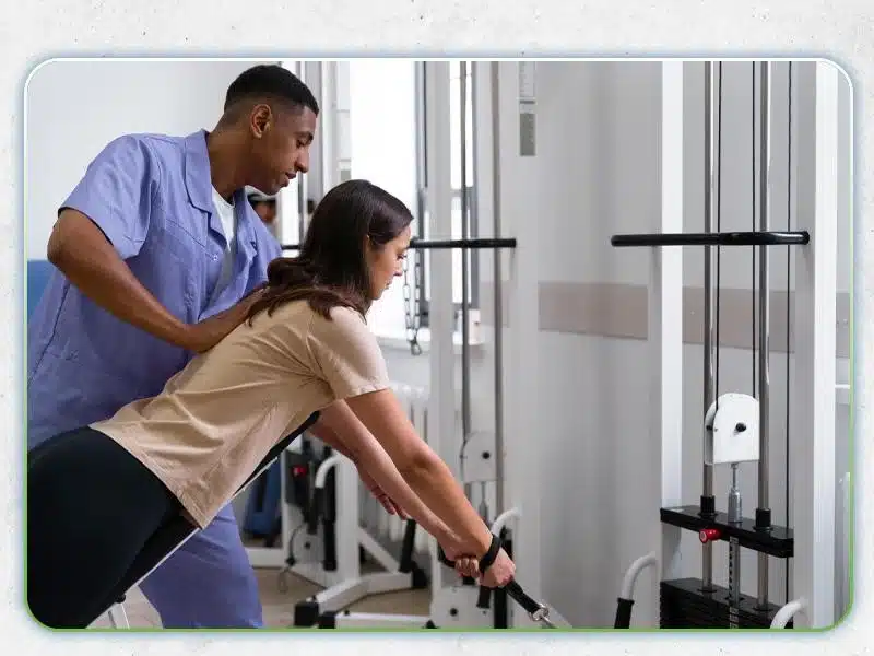 A physical therapist assists a female patient with an exercise on a pulley weight machine in an orthopedic health clinic.