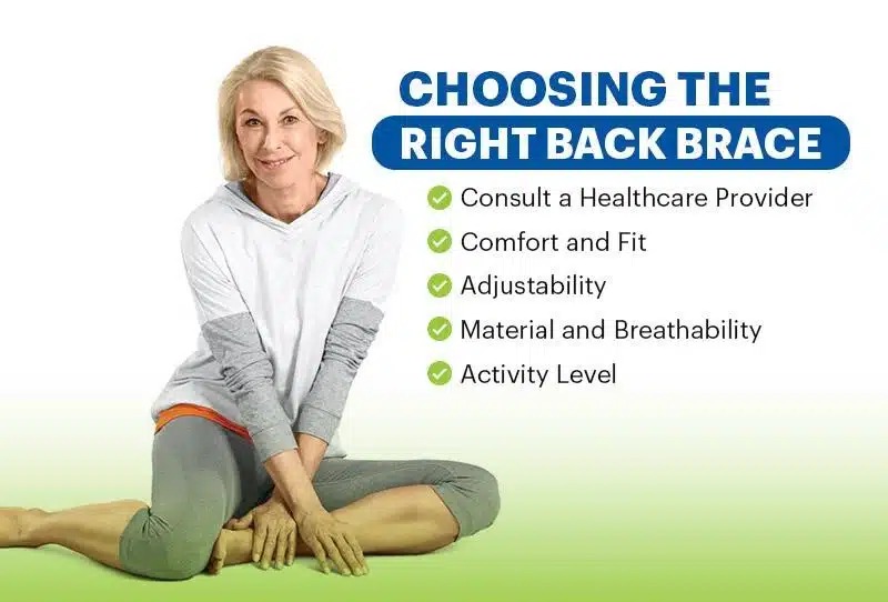 A woman in athletic wear sits cross-legged beside a list of factors for choosing the right back brace: consulting a healthcare provider, comfort and fit, adjustability, material and breathability, activity level, and whether it's a Medicare-approved back brace.