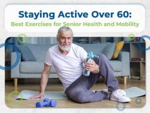 An elderly man in athletic wear holds a water bottle while seated on the floor, with a pair of dumbbells nearby. The image promotes senior health and mobility with the text, "Staying Active Over 60.