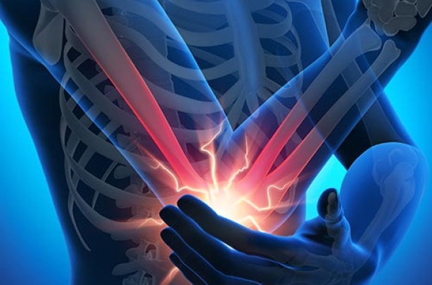 Illustration of a person experiencing pain in the elbow, showing the skeletal structure with a highlighted area indicating pain. Provided by Artik Med, this detailed depiction can be used by medical supply professionals and educators in Florida to better understand elbow injuries.