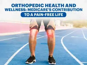 A person with highlighted knee pain stands on a running track. Text reads "Orthopedic Health and Wellness: Medicare's Contribution to a Pain-Free Life.