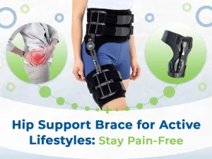 Hip support brace for active lifestyles, featuring adjustable straps and support bars. Circular insets showcase someone with hip pain and a close-up of the brace's side view. Text: "Stay Pain-Free.