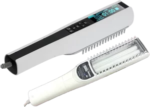 Two handheld UV lamps with controls. The top lamp, often used in back brace treatments, has a digital display showing a timer and buttons. The bottom lamp features a clear cover showcasing the UV bulb and a basic control panel.