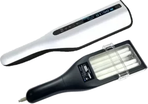 A handheld UV light sterilizer with a digital timer, featuring a sleek white and black design, four UV-C tubes for disinfection, and compact enough to fit alongside your back brace for lower back pain.