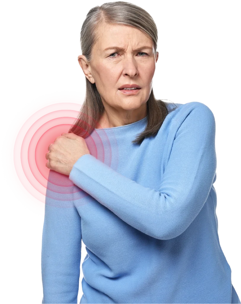 A woman in a blue sweater holds her shoulder, showing discomfort while contemplating whether a shoulder brace might offer relief. A red graphic highlights the affected area, suggesting where support is needed.